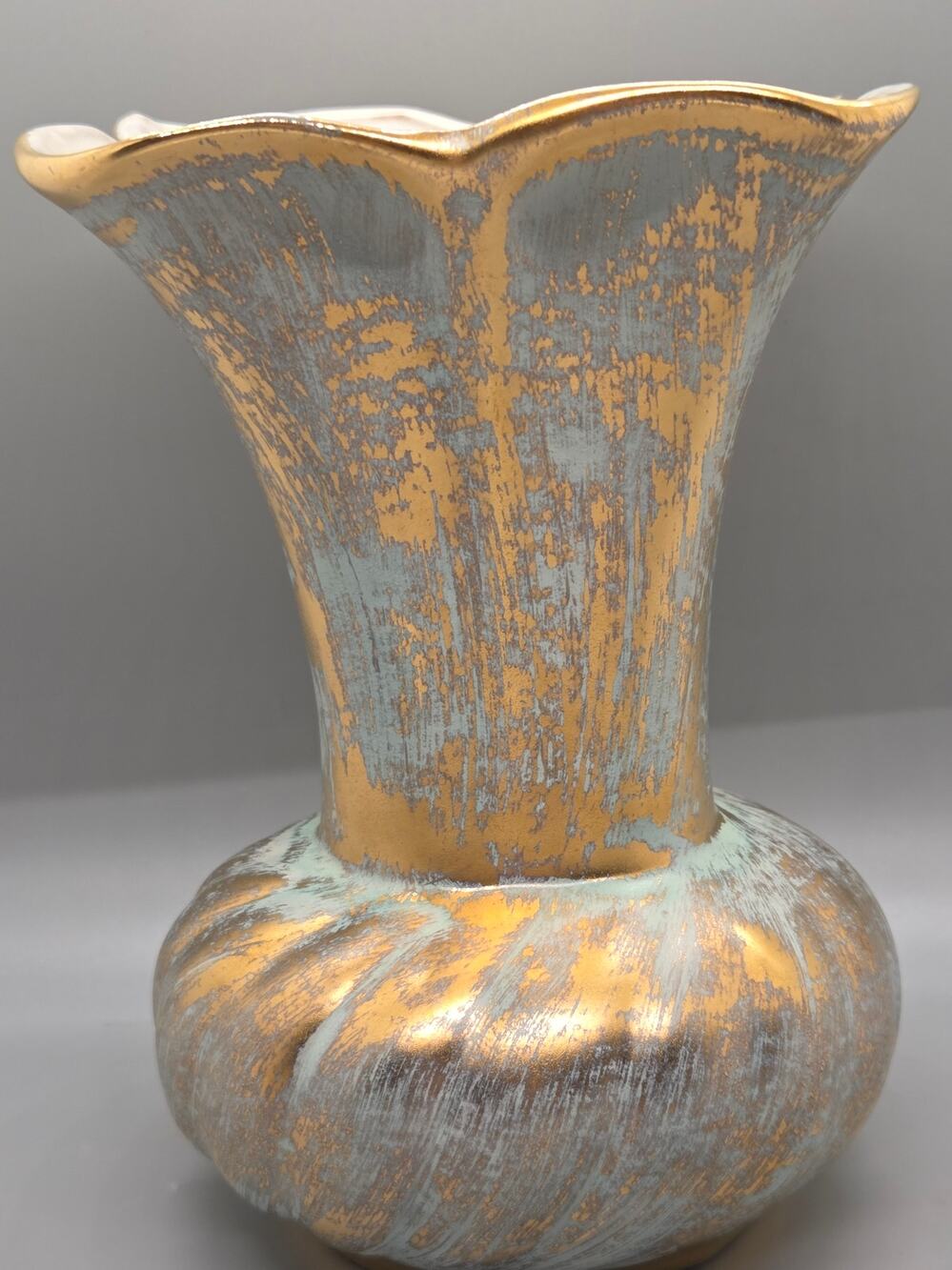 Vintage Stangl Pottery Vase Fluted Textured Aqua and brushed 22K gold overlay